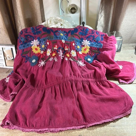 Johnny Was Magenta Floral Embroidered Blouse